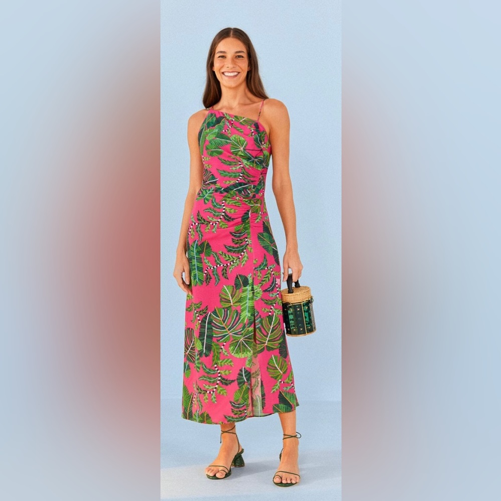 FARM Rio Pink and Green Tropical Midi Dress